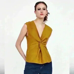 Zara Knotted V Neck Sleeveless Mustard Top Blouse